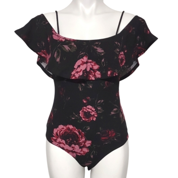 Charlotte Russe Tops - 3/$20 Charlotte Russe Floral Off-Shoulder Bodysuit Whimsical Black Pink size M…
